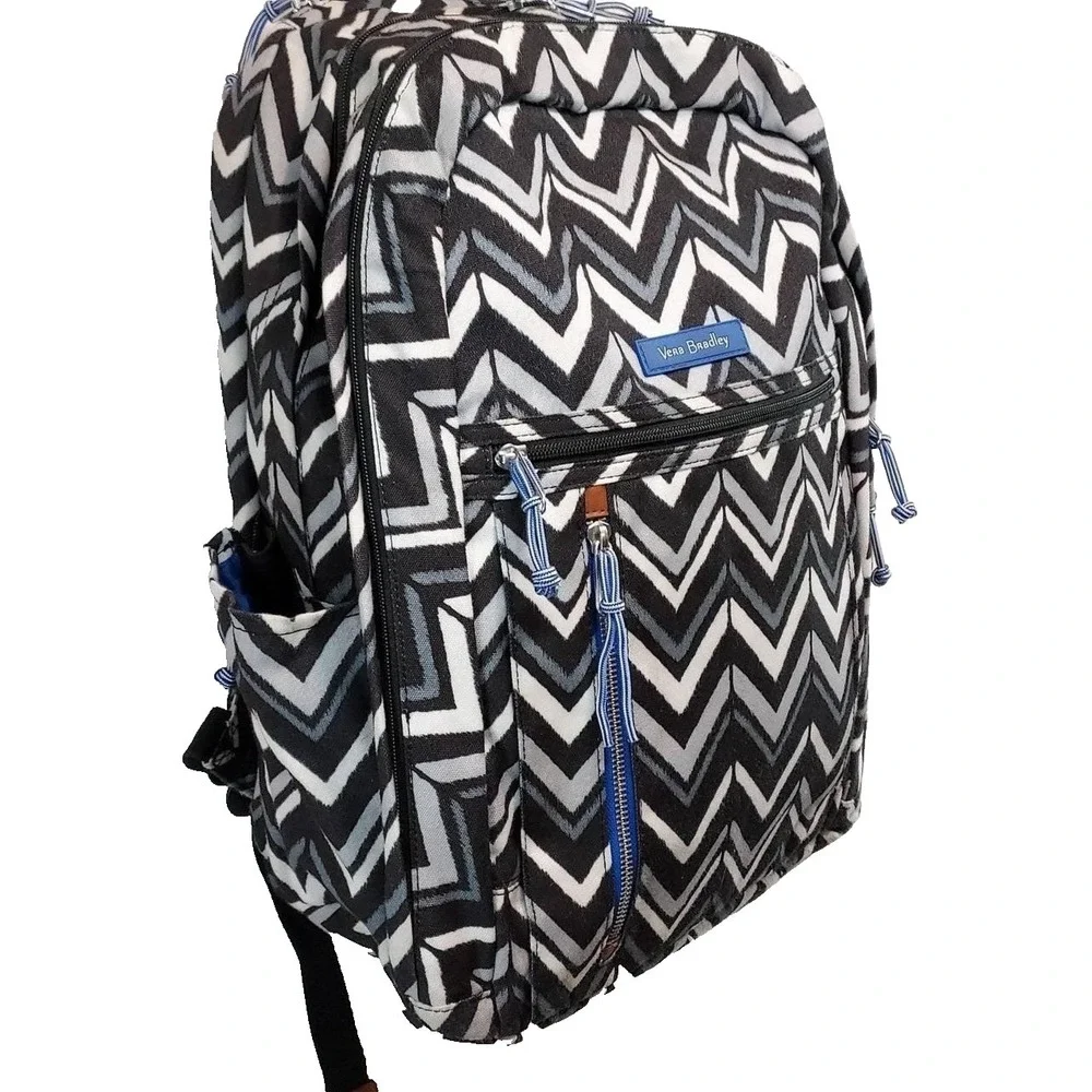 Vera Bradley Lighten Up Grand Backpack Chevron Stripes Black White Blue - EUC